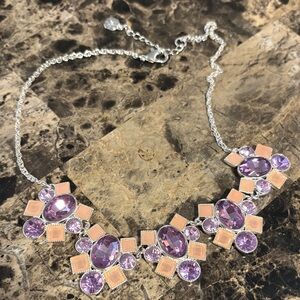 Elegant Silver-Tone Purple & Peach Statement Necklace